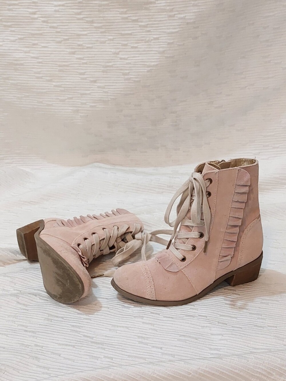 Joyfolie Pink Ruffle Suede Lace-Up Ankle Boots for Kids Size 2